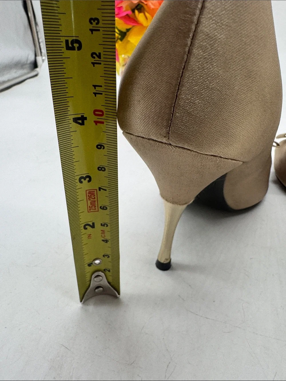 Paolo Taupe Satin Peep-Toe Heels with Bow and Rhinestone Accent 7.5 MCH10103G